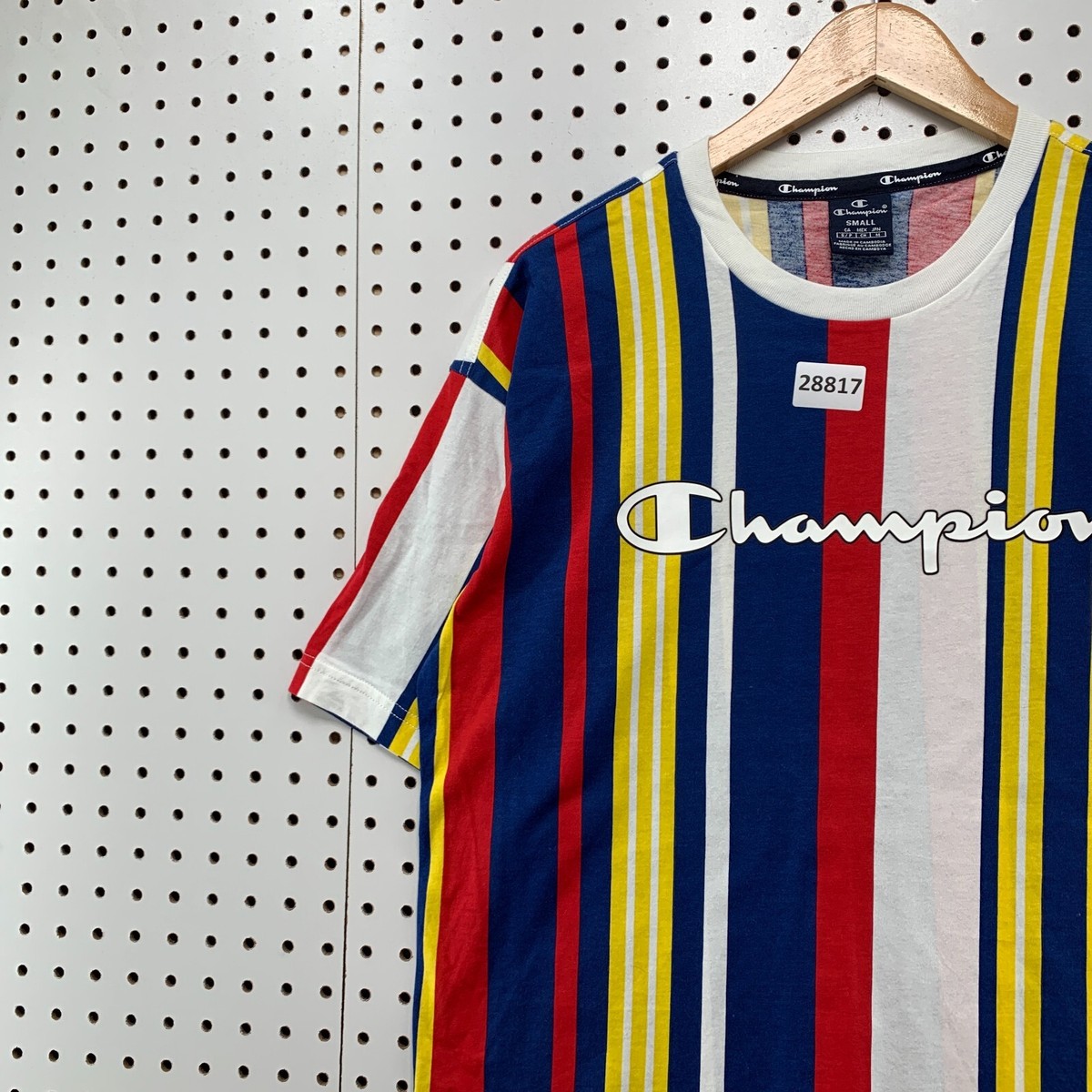 Champion Vertical Striped Shirt Mens Small Blue Yellow White