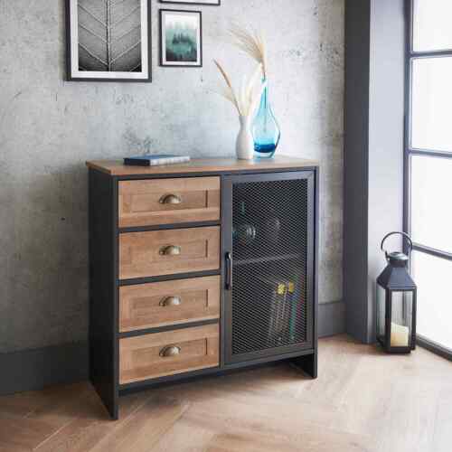 Rustic Oak Finish Storage Sideboard Cabinet 4 Drawers and 1 Door Console Table - Afbeelding 1 van 5