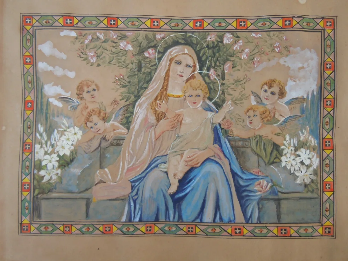 Tableau peinture gouache vierge à l'enfant anges époque 19ème