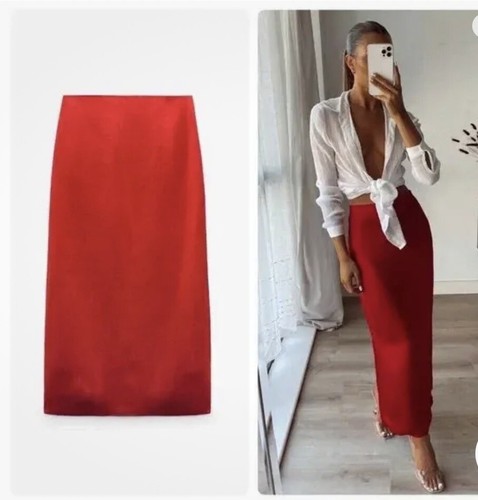 ZARA Red Satin High Waisted Midi Skirt Slit Front Size S Bloggers Fave Party NWT