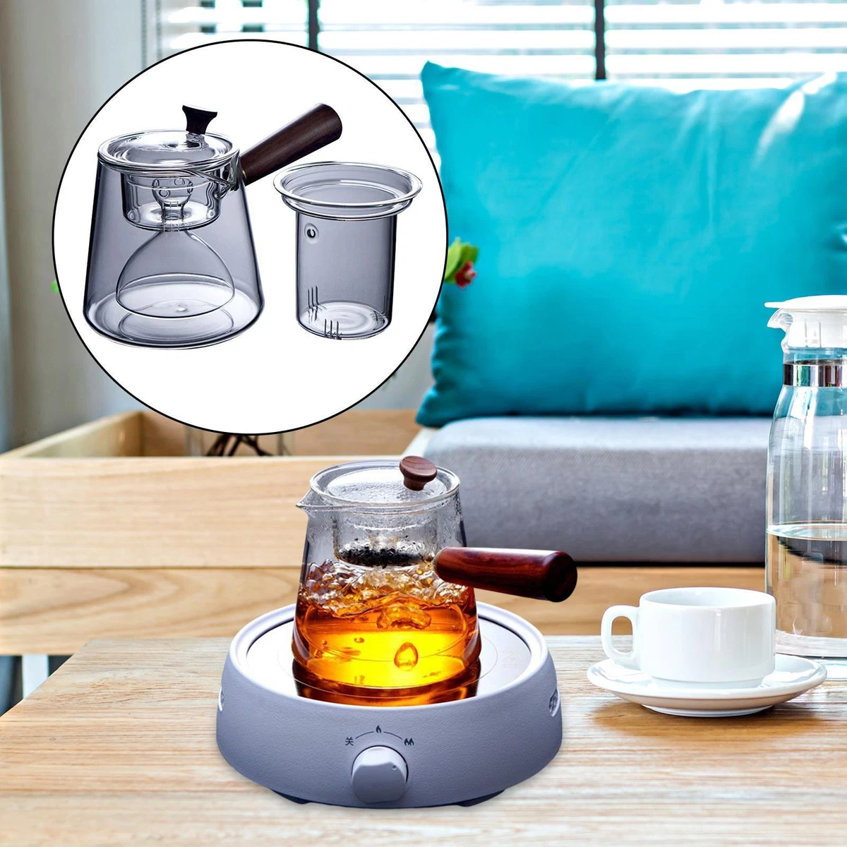 Glass Water Kettle with Wooden Handle Heat Resistant Sturdy 750ml 25oz Tea Maker