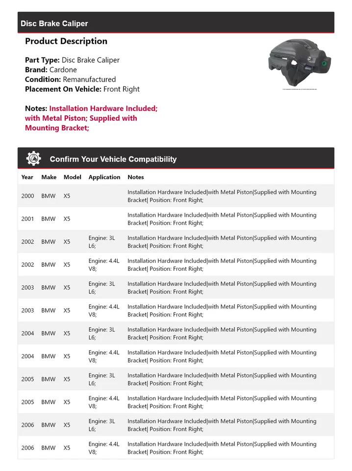 Pinza de freno de disco delantera derecha cardone 2001 2002 2003 2004 bmw x5 2000-2006 Foto 2 de 4