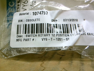 ENTRELEC VY6-T-1201-ST Rotary Switch - New In Box