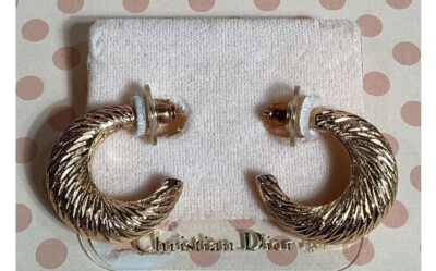 Christian Dior Signed Gold Plate Ribbed Textured Large Hoop W/ 14K Stem Earrings