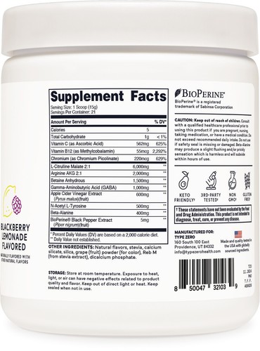 Type Zero Ultra Clean Stim Free Pump Pre Workout (Blackberry Lemonade) 11.2 oz - Picture 4 of 5