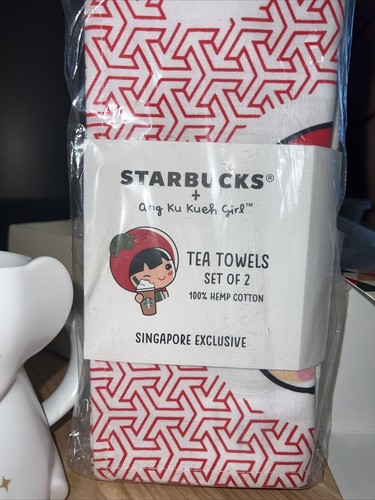 starbucks exclusive singapore tea towels 100% hemp cotton Ang Ku Kueh Girl
