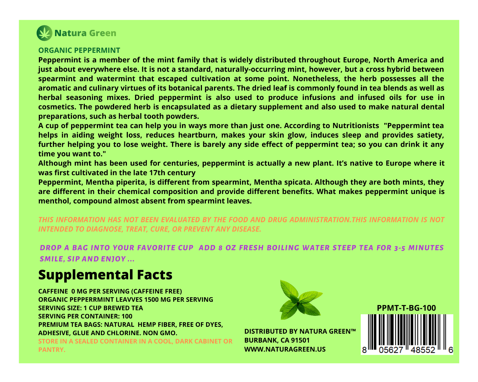 Organic Peppermint Tea Bags 100 Tea Bags EcoConscious Tea Bags eBay