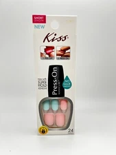 Kiss Press-On Manicure 24 Nails, Short Length - Yes No Maybe, Pastel Pink & Blue