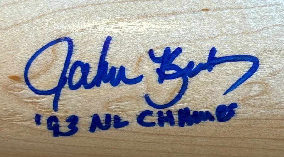John Kruk Phillies Signed Tan Louisville Slugger Bat 93 NL Champs BAS - Image 2 of 3
