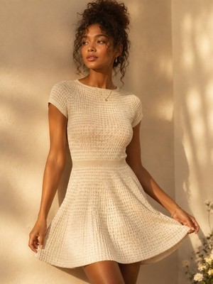 Anthropologie Sparrow Metallic Sweater Dress Cream Gold Knit Fit Flare Dress M