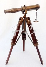 Nautical Antique Collectible Brass Telescope With Wooden Tripod Stand Desk Decor