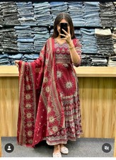 Maroon Beautiful Anarkali Suit Dress Indian Women Ethnic Kurta Pant Dupatta Set