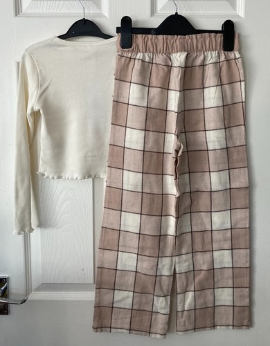 NEW George Girls Cream Ribbed Top & Checked Wide Leg Pyjamas Size 7-8 Years - Picture 3 of 3