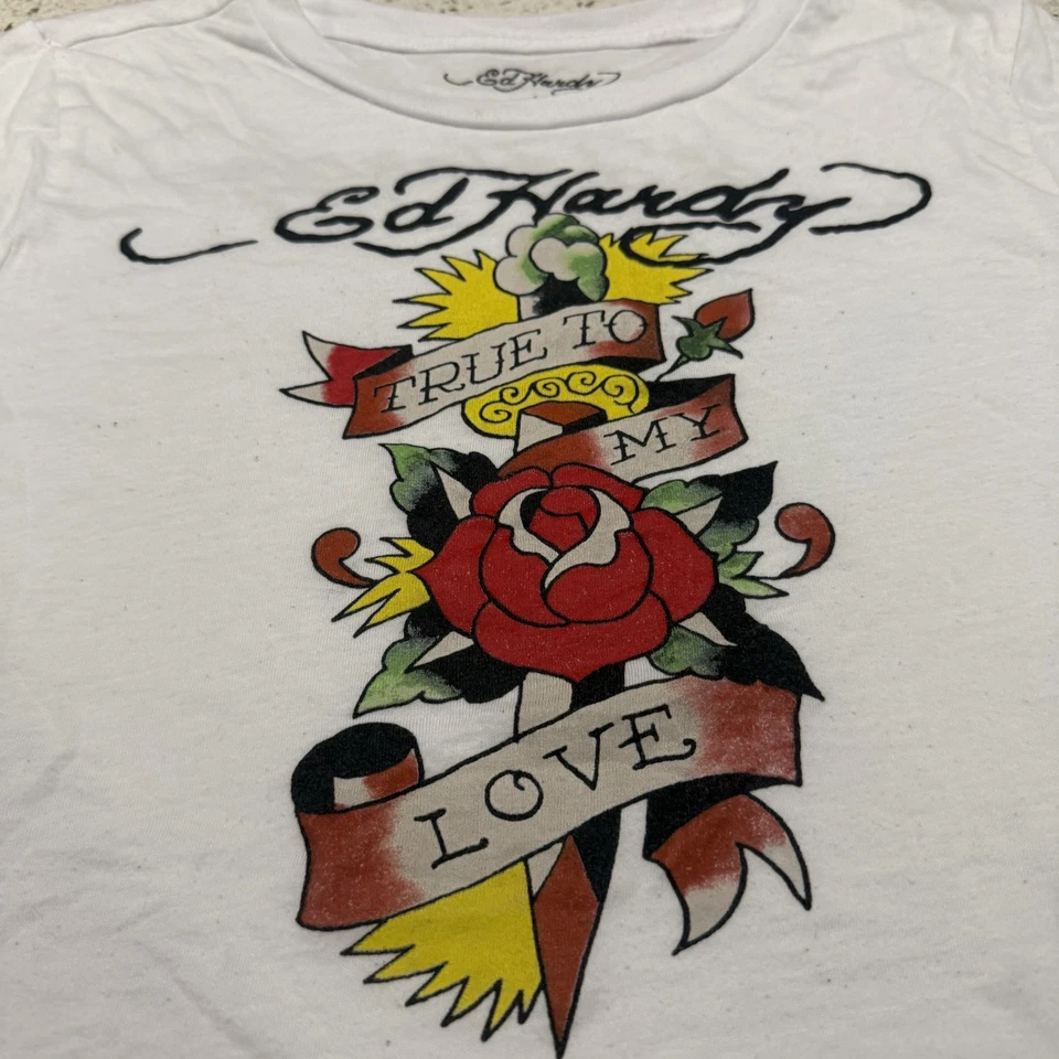 Camiseta corta Ed Hardy bebé mujer L tatuaje gráfico retro estilo Y2K Christina Aguilera Foto 4 de 4