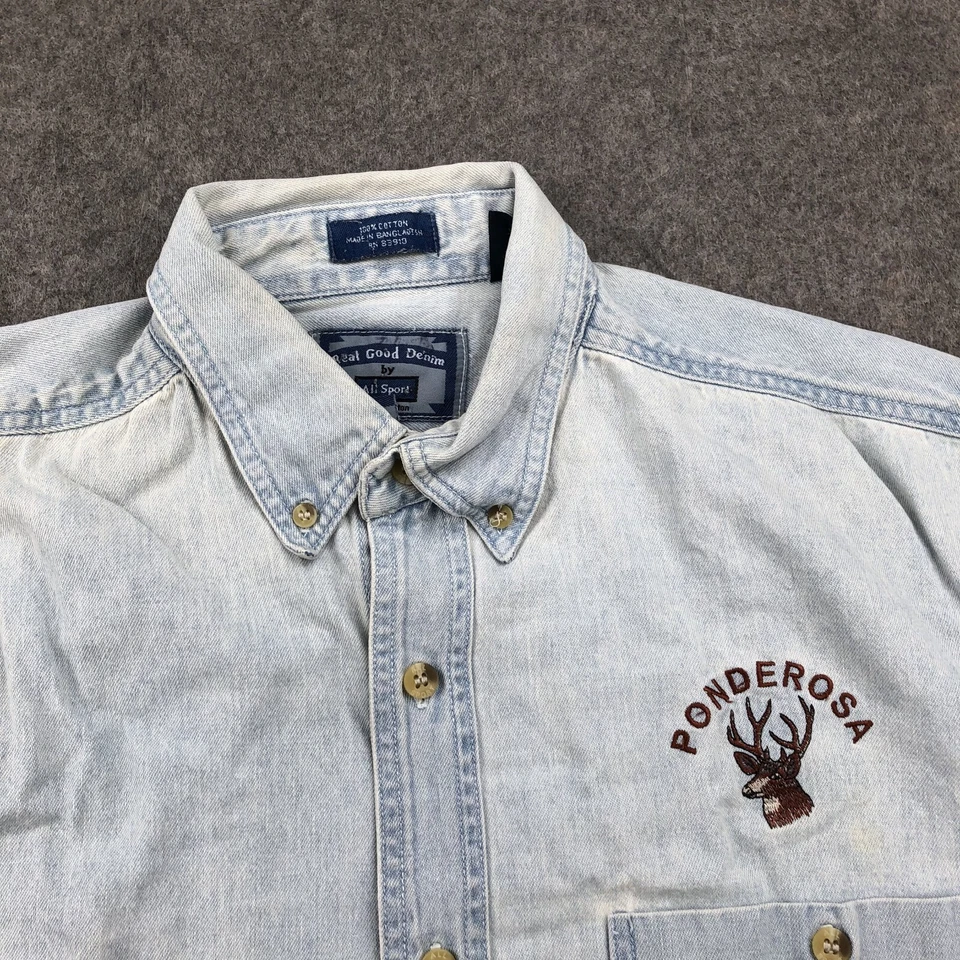 Vintage All Sport Shirt Mens Medium Blue Denim Button Ponderosa Deer Embroidered - Image 4 of 4