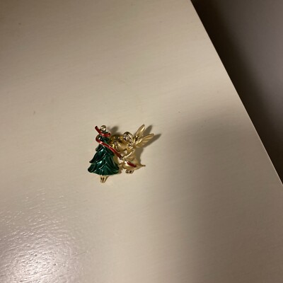 VTG Gifi Giusti Green Enamel Christmas Tree And Angel PIN Brooch Gold Tone 1.75''