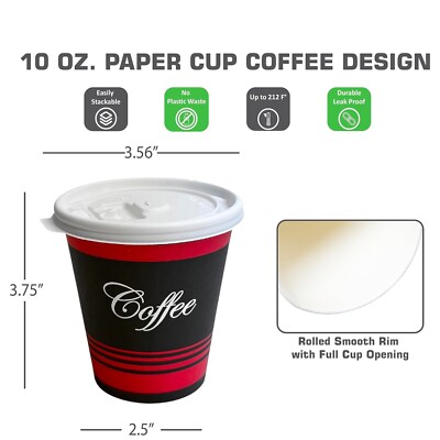 500 Pack 10 oz. Disposable Hot Cups w/ White Flat Lids - Leak-Proof Coffee Cups