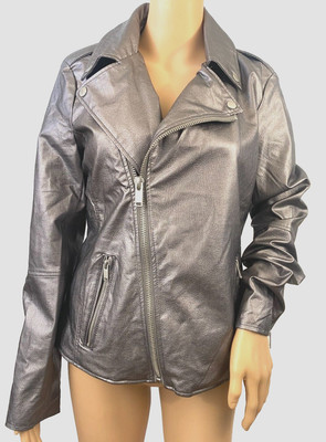 NWT Bagatelle Collection Faux Leather Moto Jacket Silver Metallic Size M Womens