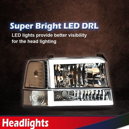 6PCS Fit For 1992-1996 Ford F150 F250 F350 Dual LED DRL Bumper Chrome Headlights - Picture 6 of 12