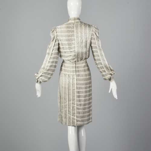 Small Galanos 1970s Striped Silk Dress Vintage Geometric Day Dress 70s Textural - Picture 5 of 10