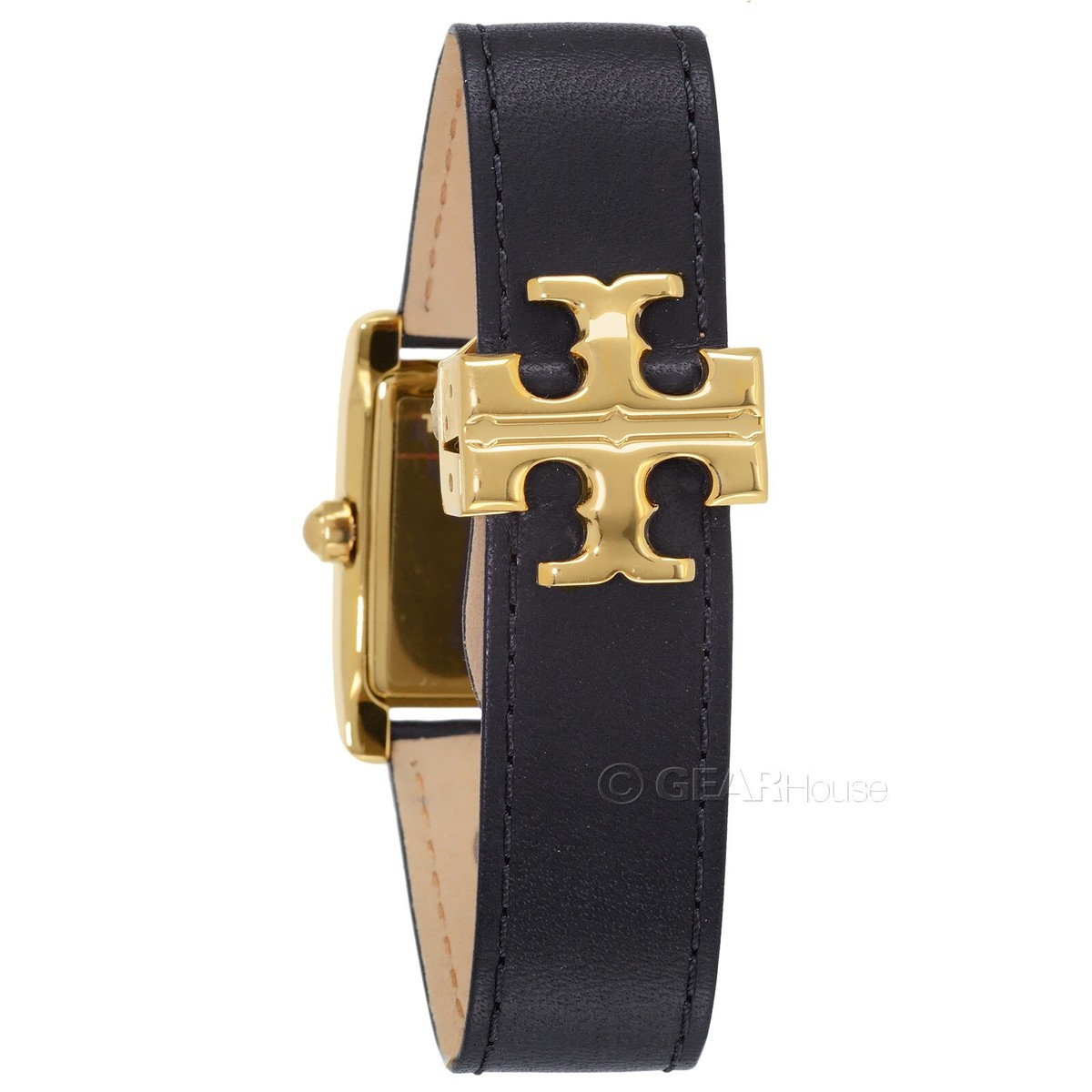 Tory Burch Black Leather Belt with Crystal Gold Logo Buckle Polo Ralph Lauren Wide Leather Square-Buckle Belt, Size  main image 4