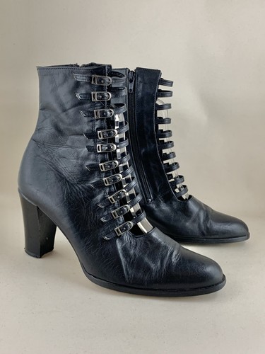 Ravel Black Leather Strap Front Side Zip 3” Block Heel Ankle Booties Shoes UK 6 - Picture 7 of 20