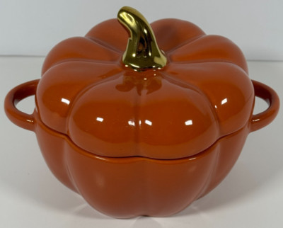 Ceramic Pumpkin Shaped Soup Bowl with Handles & Removable Lid - 4.5'' Tall - NEW