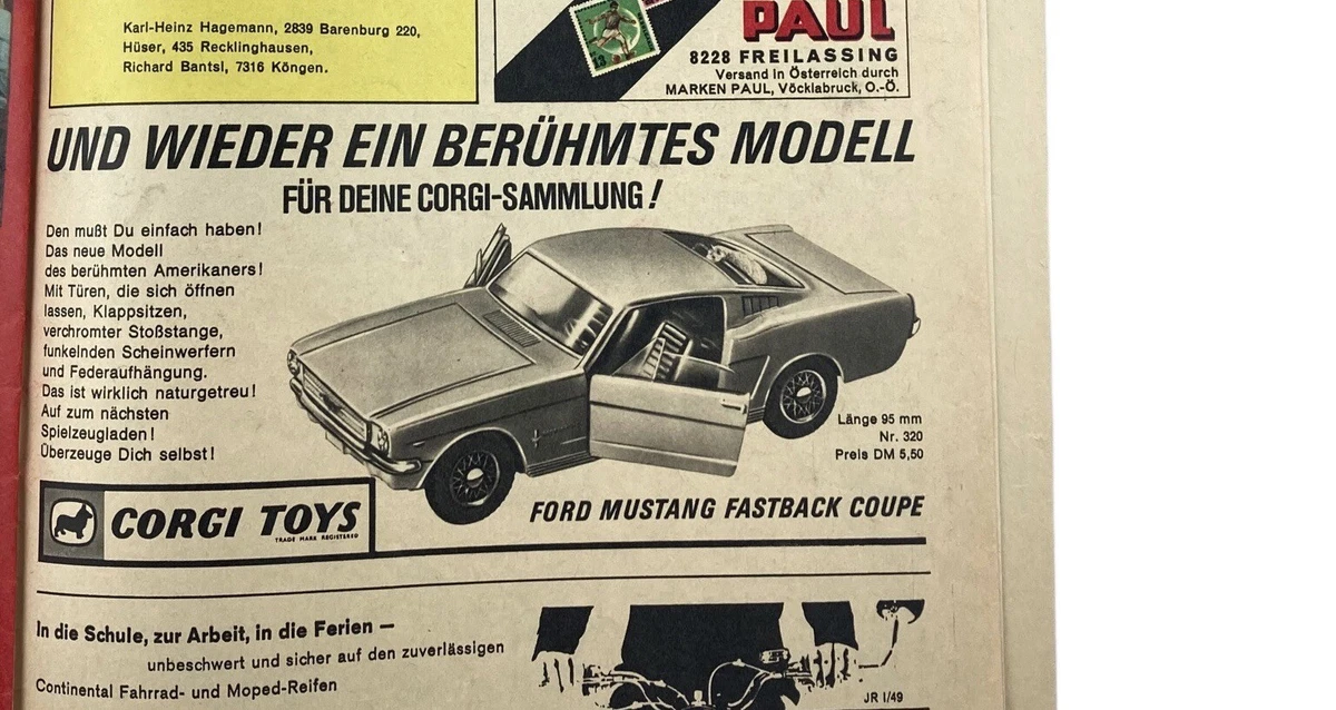 CORGI TOYS Werbeanzeige 1965 Ford Mustang Fastback Coupe Den mußt du haben!