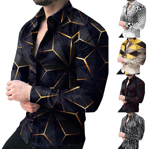 Men Button Down Shirt Black Gold 