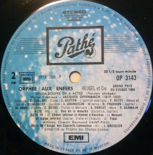 Offenbach Orphee Aux Enfers, Pathe OP 3143 Classical French Import LP NM - Imagen 6 de 6