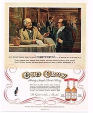 1954 OLD CROW Bourbon Whiskey Sam Houston Meets Daniel Webster art Vintage Ad 