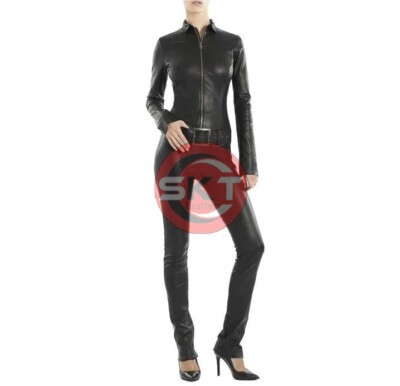 Beautiful Babe Real Leather Black Catsuit Front Zipper Tight Fit Sexy Kink Women