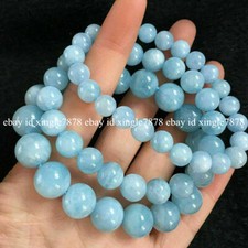 Natural 6/8/10/12/14mm Blue Aquamarine Round Gemstone Stretchy Bracelet 7.5" AAA