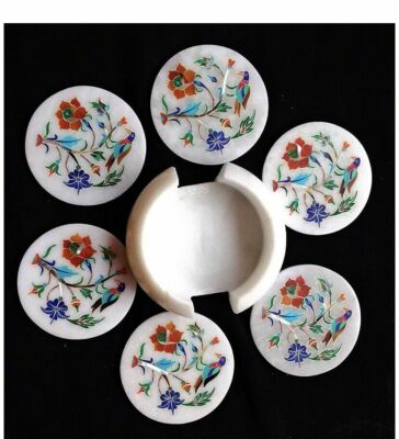 Coaster Set Karneol Halbedelstein Pitera Dura Art Deco Weiß 3 Zoll Rund