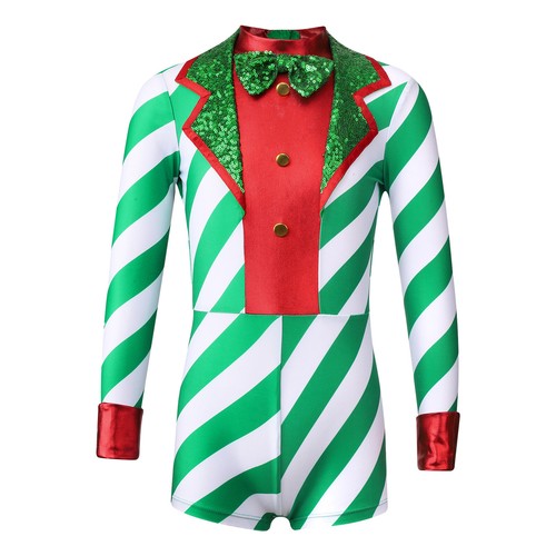 Kids Girls Christmas Bodysuit Stripes Print Christmas Santa Costume Sequins - Picture 10 of 22