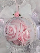 Shabby Cottage Chic Victorian Pink Rose Filled Ball  Bows 4" Christmas Ornament