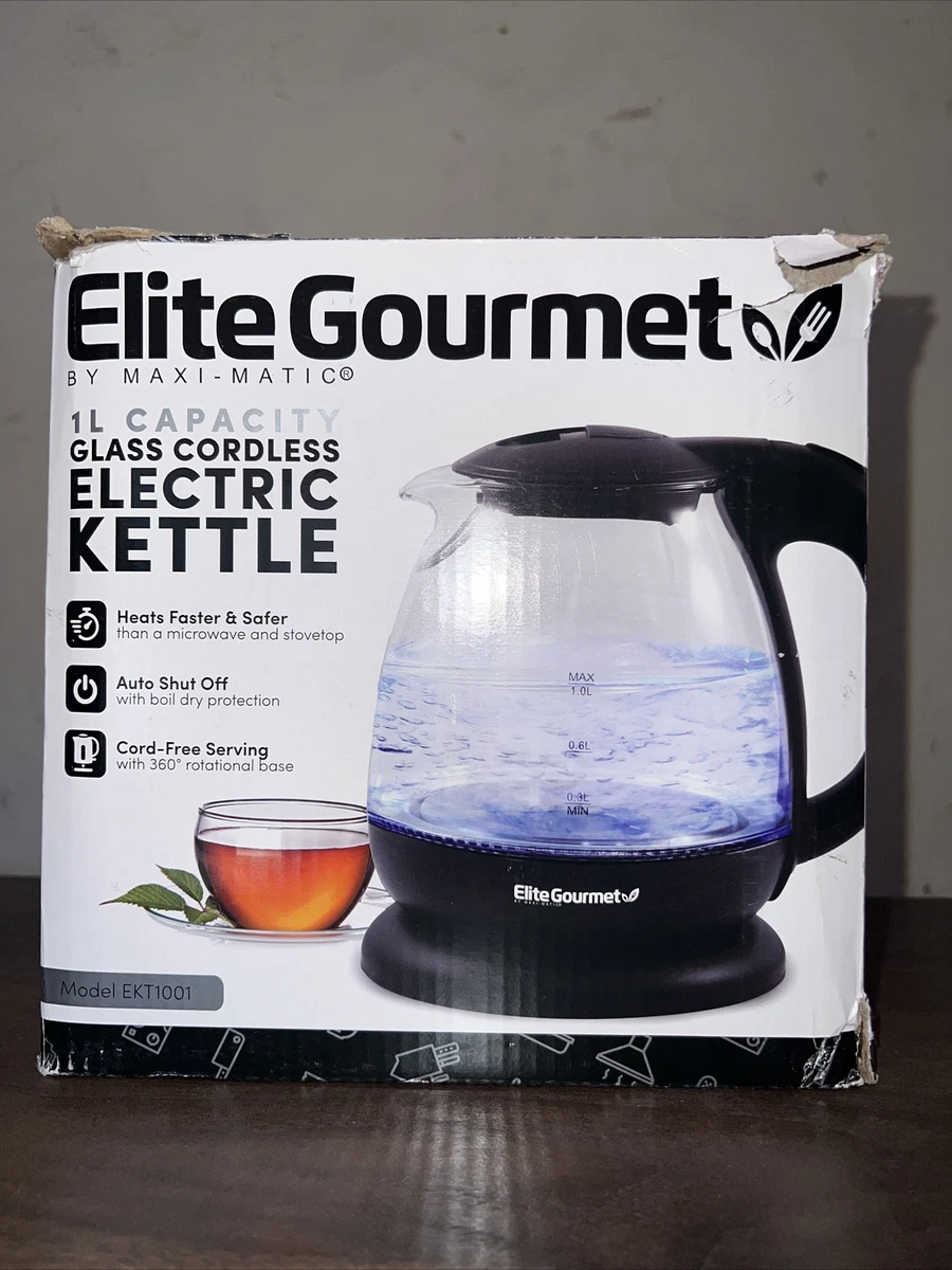 1L Electric BPA-Free Glass Kettle, Cordless 360°, Blue LED , Auto Shut –  Shop Elite Gourmet - Small Kitchen Appliances