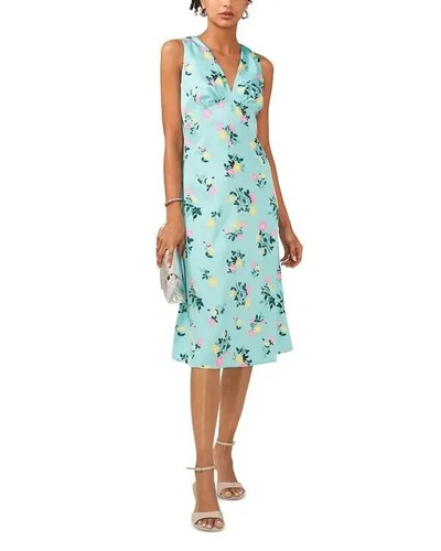 1. STATE Floral V-Neck Dress Women's Size 6 Ocean Teal Satin Sleeveless Midi - Picture 3 of 10