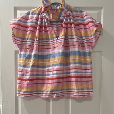 Never a Wallflower Pink Multicolor Plaid V-Neck Ruffle Short Sleeve Blouse S