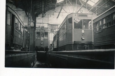 VERSAILLES: ''photo circa 1950 format and postcard paper'' trams at depots - tr