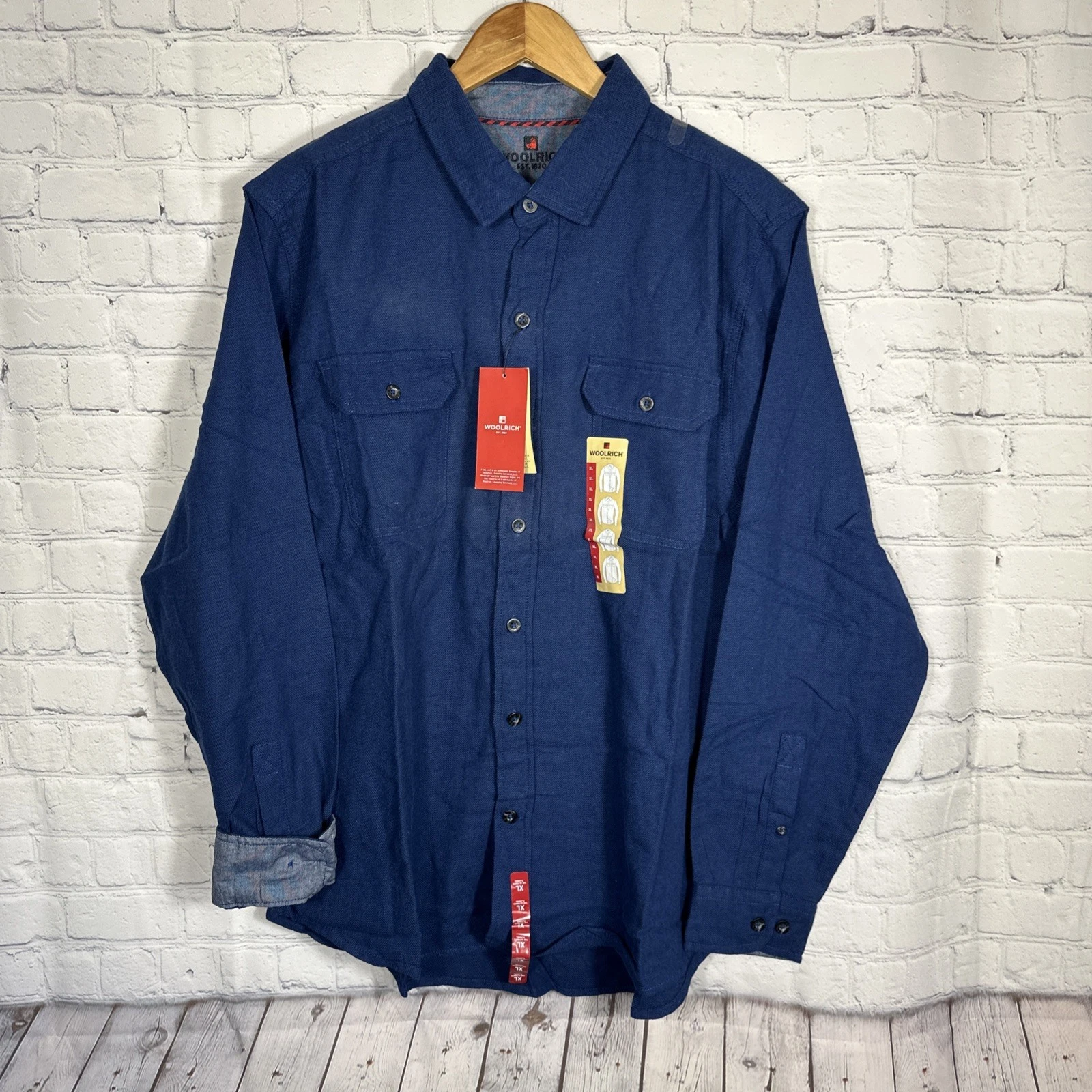 Woolrich Mens XL Ultimate Flannel Classic Fit Long Sleeve Shirt Herringbone Navy