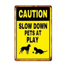 Caution Slow Down Pets At Play Retro Metal Sign Pet Safety Yard Outdoor Decor