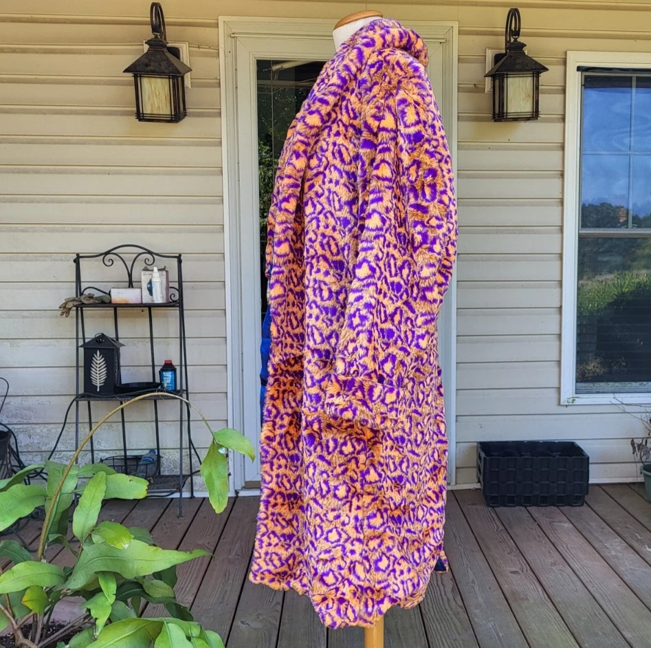 70's Pimp Costume Long Coat Faux Fur Purple Orange Leopard Print Oversized Glam - Image 3 of 4