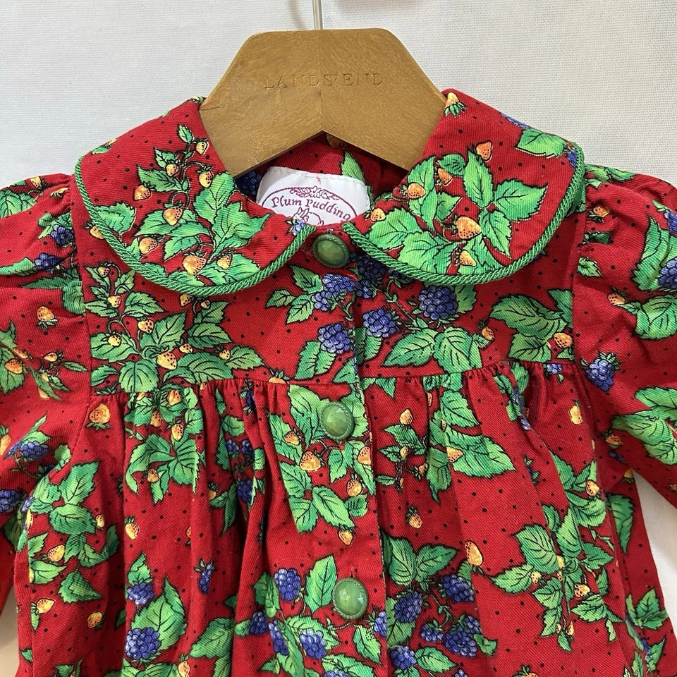 Vtg Plum Pudding Swing Dress Floral Berry Red & Green Autumn Holiday Sz 18 Month - Image 2 of 4