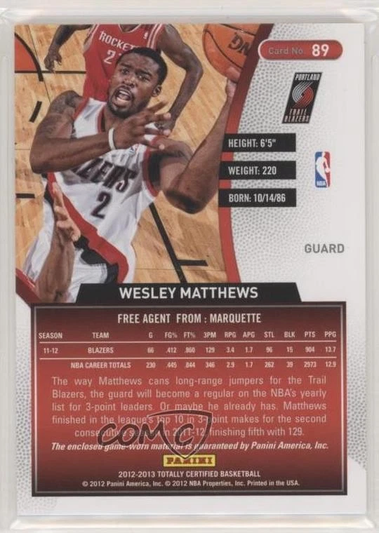 2012-13 Totally Certified Memorabilia Totally Blue /99 Wesley Matthews #89 - Image 2 of 2