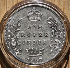 1907 India-British 1 Rupee Silver Coin - King Edward VII - Obverse Toning 