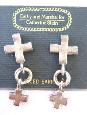 Catherine Stein 2-Crosses Dangling Earrings Silver Plated 2'' Long Rustic Vibe