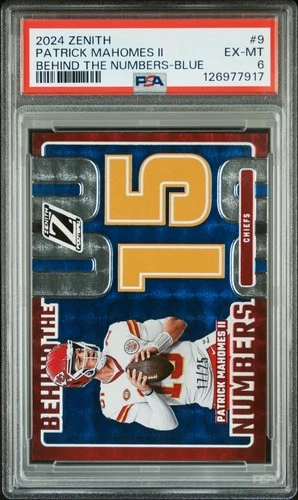 2024 PANINI ZENITH BEHIND THE NUMBERS BLUE #9 PATRICK MAHOMES II 17/25 PSA 6
