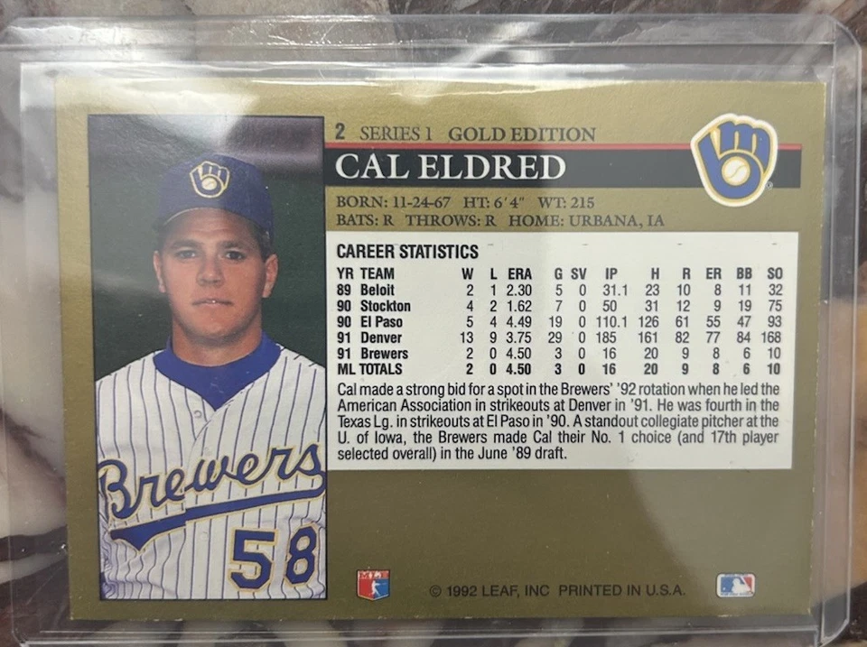 1992 Leaf BLACK GOLD #2 Cal Eldred MILWAUKEE BREWERS - Image 2 of 2