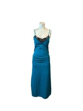 70s Vintage Flair Nig blue htgown Slip Dress, Lace Nylon Negligee Maxi - S